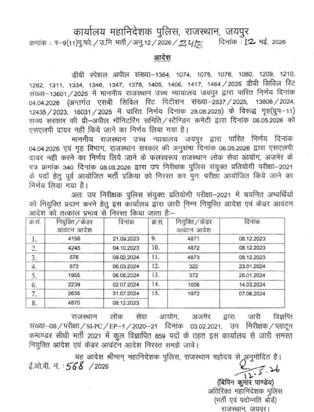  15 नियुक्ति कैडर आदेश निरस्त कर नई भर्ती करने का फैसला