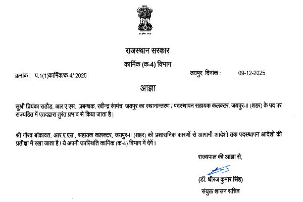 जयपुर: RAS प्रियंका राठौड़ का तबादला, सहायक कलेक्टर जयपुर द्वितीय पद पर नियुक्त — RAS गौरव बांकावत को प्रशासनिक कारणों से APO किया गया