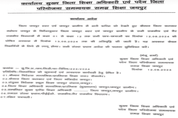 भारी बरसात के चलते 13 अगस्त को जयपुर में स्कूलों में अवकाश घोषित