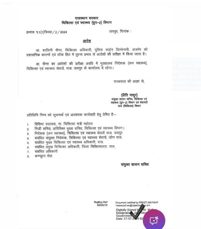 निर्दलीय पार्षद तुनवाल से विवाद के चलते पुलिस लाइन डिस्पेसरी चिकित्सा अधिकारी डॉ. मीणा को किया एपीओ