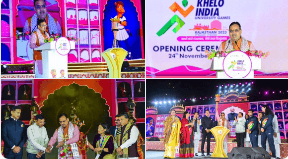 जयपुर में खेलो इंडिया यूनिवर्सिटी गेम्स का मुख्यमंत्री भजनलाल शर्मा, केंद्रीय खेल मंत्री मनसुख मांडविया ने किया आगाज़: 7 शहरों में 24 खेलों में भिड़ेंगे 5000 खिलाड़ी